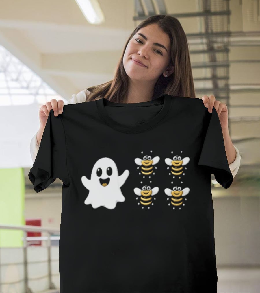 Cartoon White Ghost And Waving Four Bumblebees Cute T-Shirt
