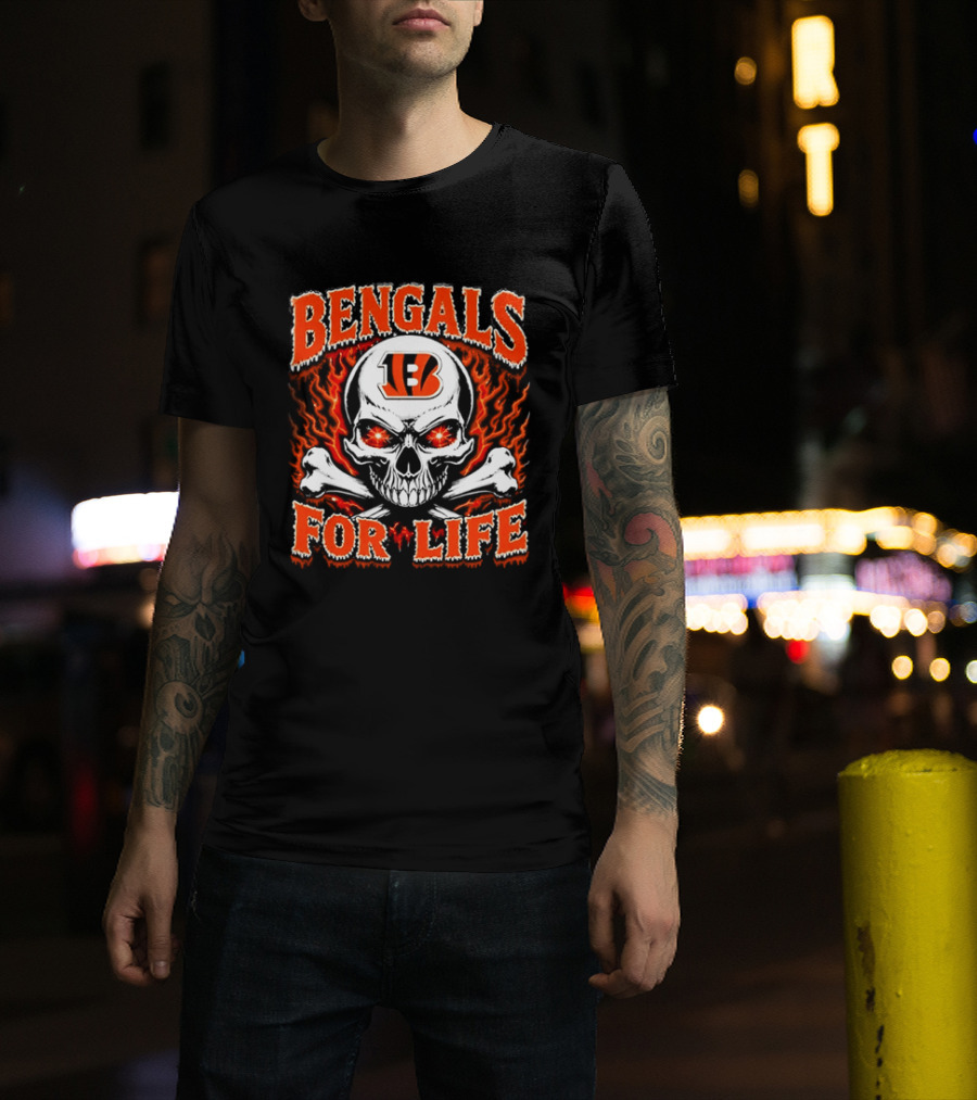 Bengals For Life Skull And Crossbones Fiery T-Shirt