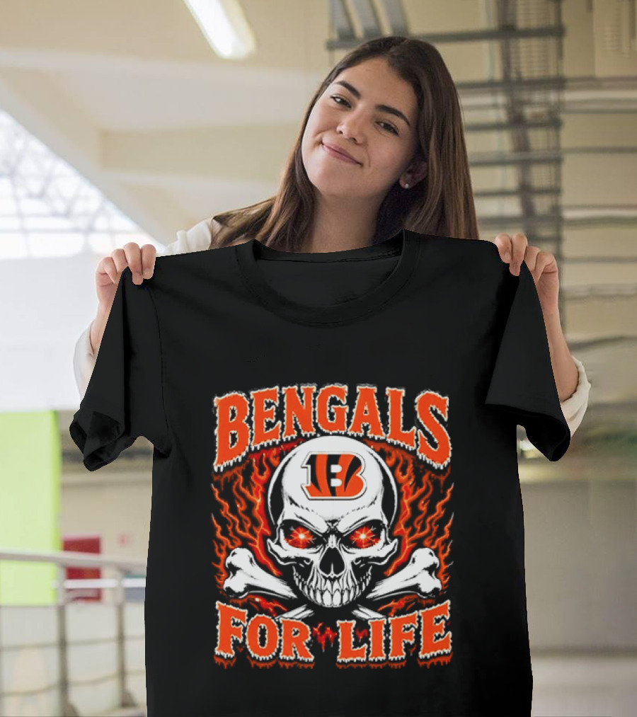 Bengals For Life Skull And Crossbones Fiery T-Shirt