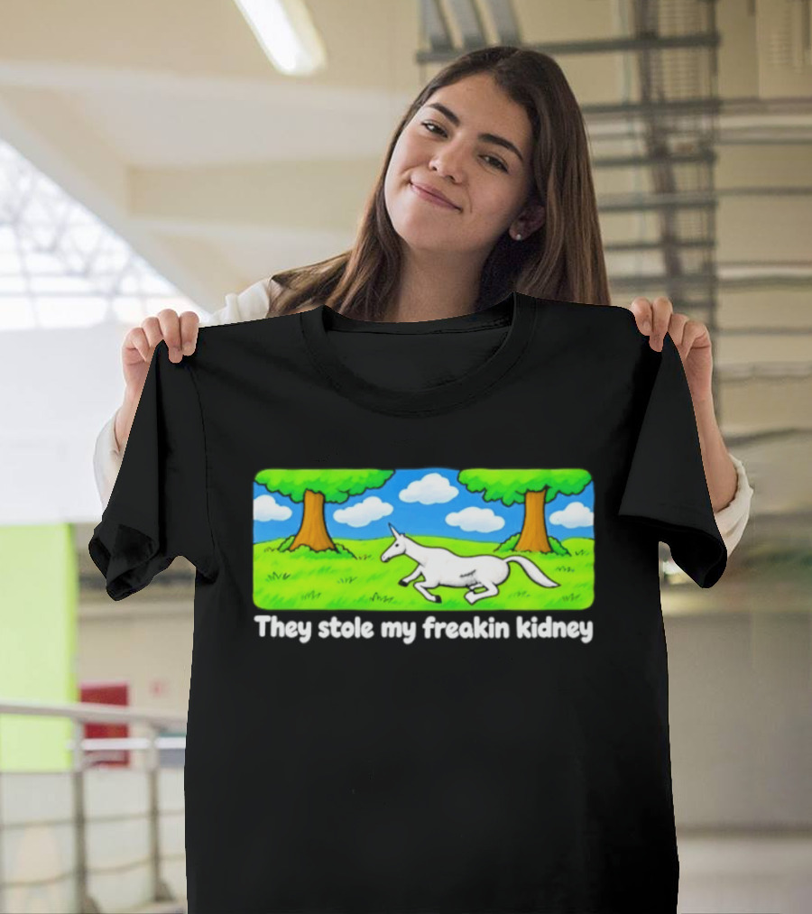 They Stole My Freakin Kidney Unicorn Cartoon Scene T-Shirt