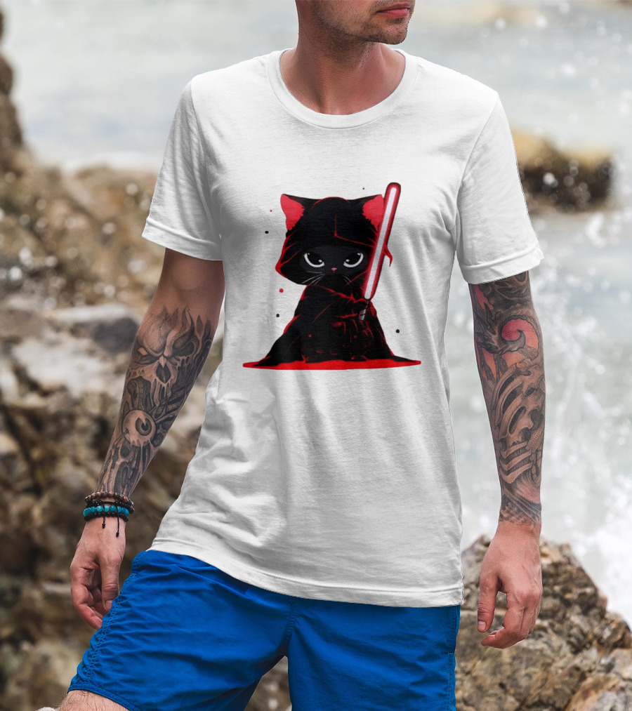 Black Cat Sith With Red Lightsaber Cloaked In Darkness T-Shirt