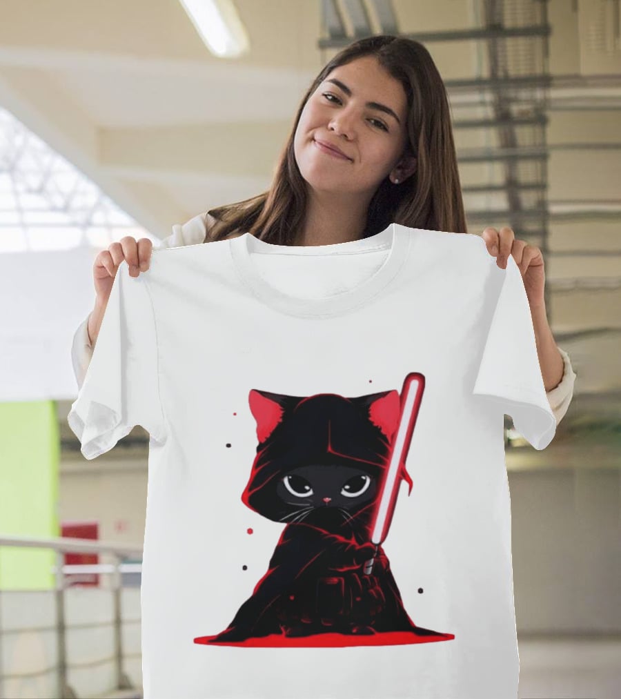 Black Cat Sith With Red Lightsaber Cloaked In Darkness T-Shirt