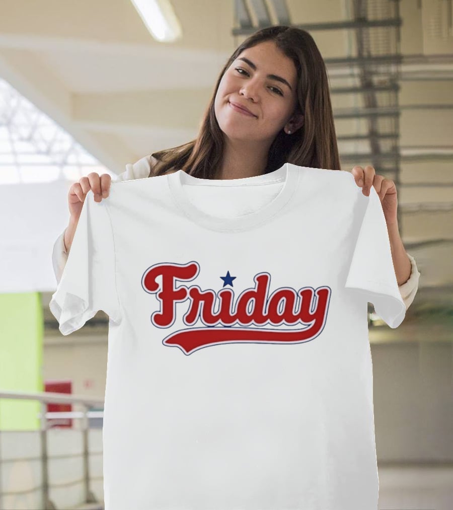 Friday Weekend Casual Baseball Style Script Red Text With Star T-Shirt