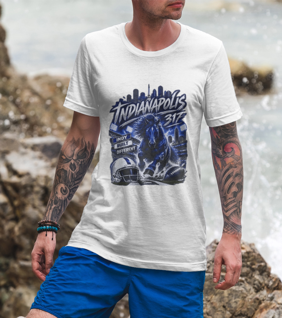 Indianapolis Colts 317 Indy Built Different Football Horse Helmet Skyline T-Shirt