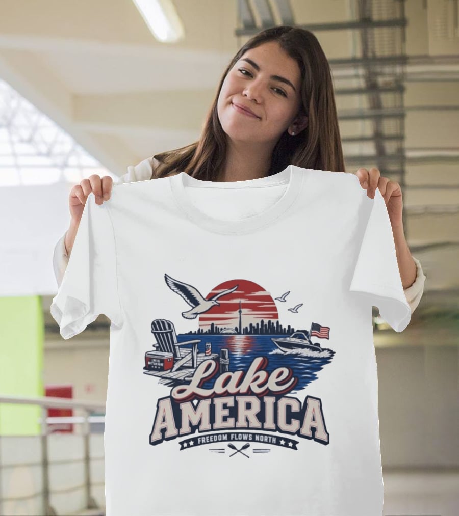 Lake America Freedom Flows North Sun Boats Good Times Seagulls Adirondack Chair Skyline And Flag T-Shirt