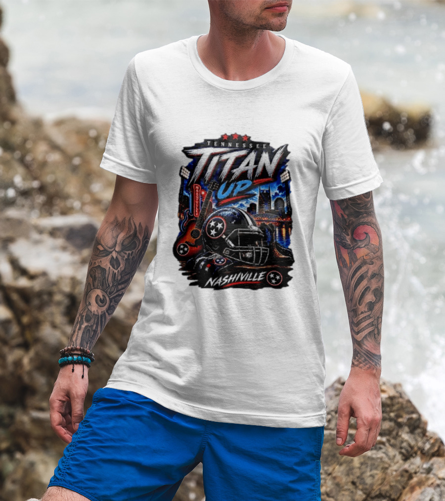 Tennessee Titan Up Football Helmet Guitar Nashville Skyline Titans T-Shirt