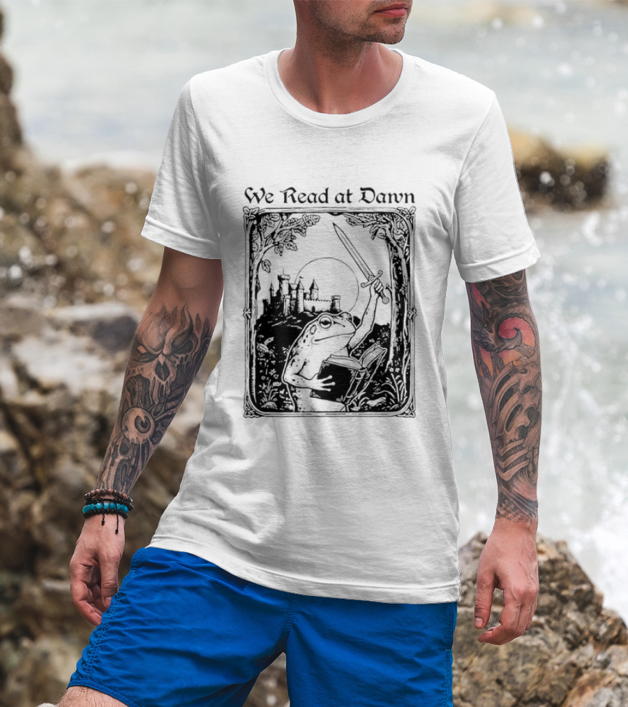 We Read At Dawn Frog Holding Sword And Book In Enchanted Forest T-Shirt