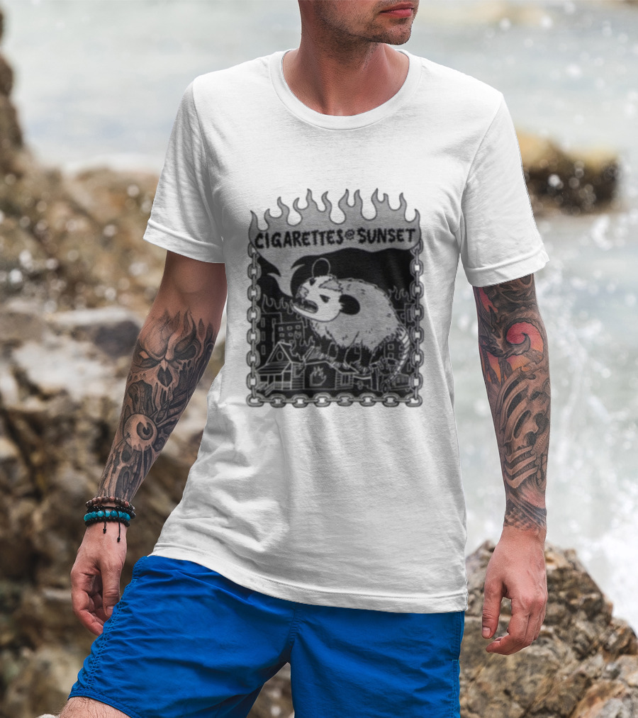 Cigarettes At Sunset OG Possum In Fiery Cityscape With Chains T-Shirt