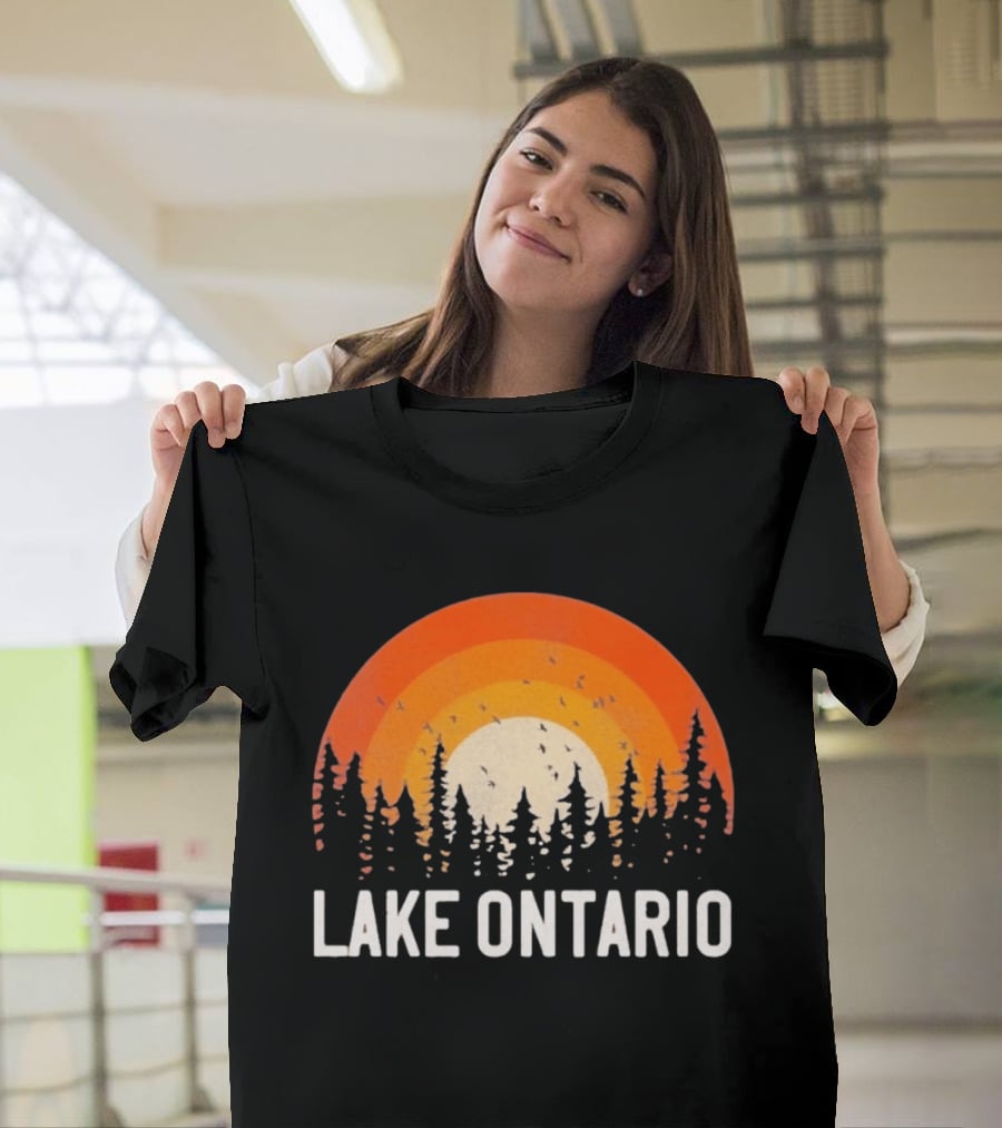 Lake Ontario Sunset Forest Birds Nature Scene With Orange Yellow Gradient T-Shirt