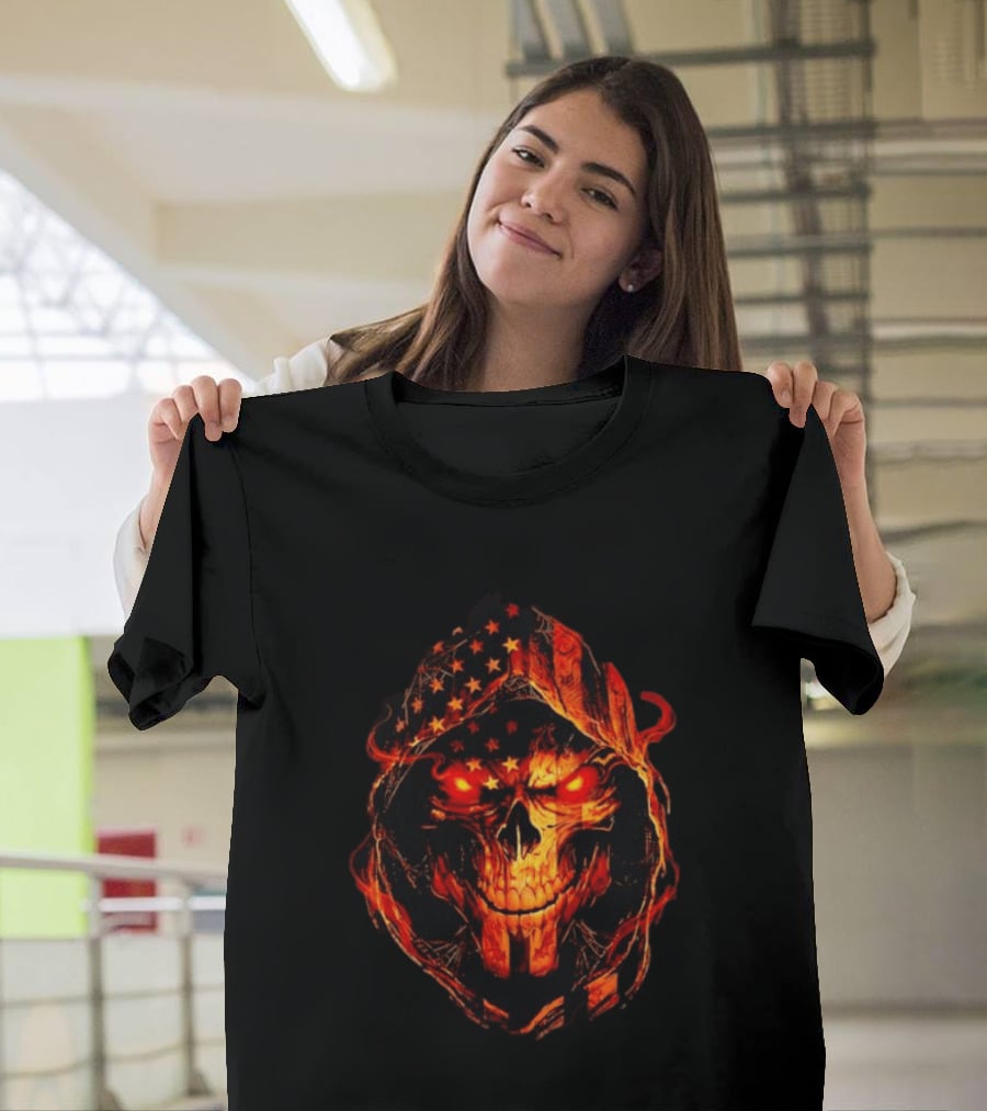 American Flag Skull Grim Reaper With Glowing Red Eyes T-Shirt
