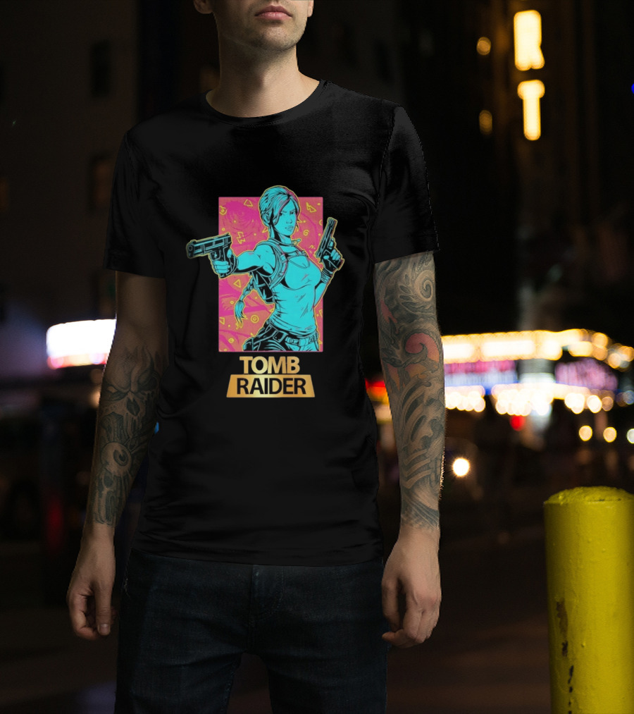 Tomb Raider Lara Croft Neon Halftone Dual Pistols T-Shirt