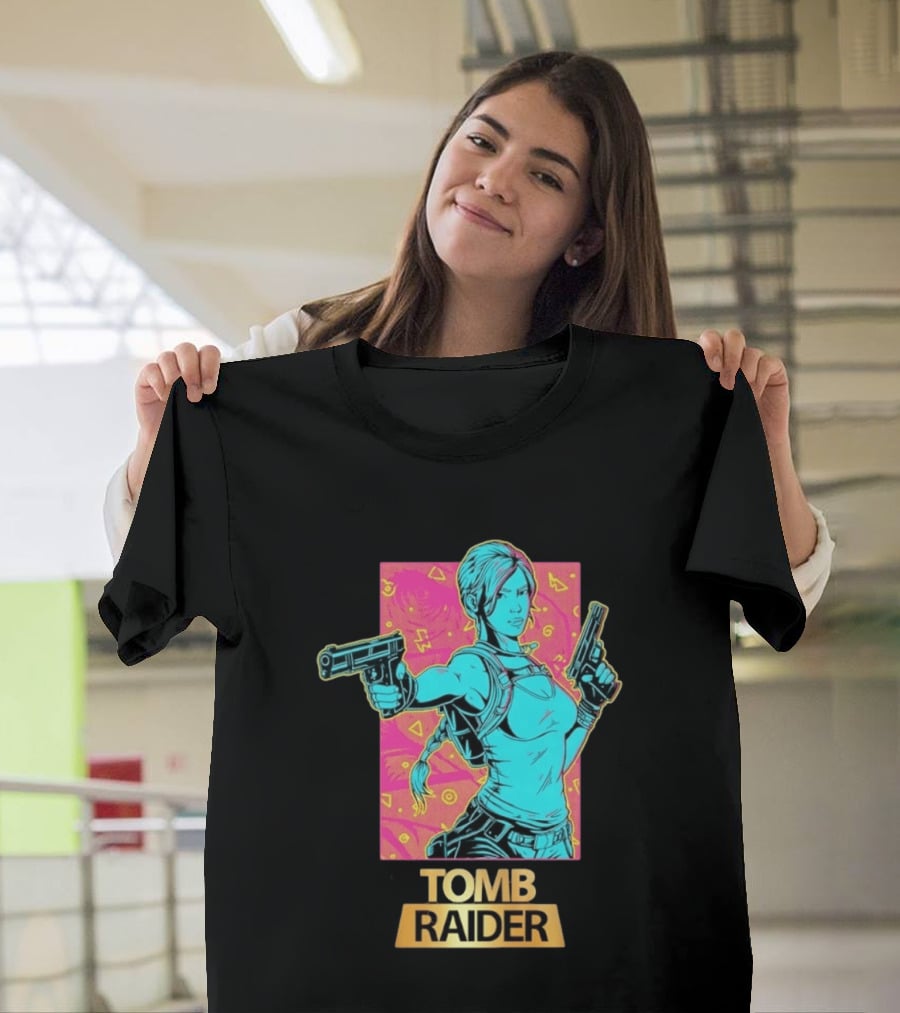 Tomb Raider Lara Croft Neon Halftone Dual Pistols T-Shirt