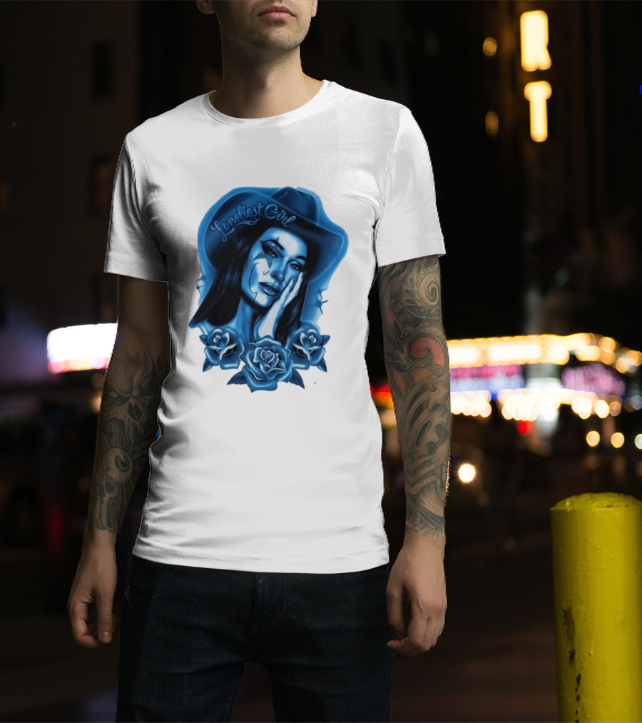 Loneliest Girl Airbrush Cowgirl In Blue With Roses T-Shirt