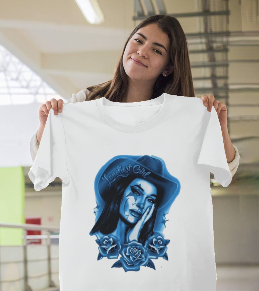 Loneliest Girl Airbrush Cowgirl In Blue With Roses T-Shirt
