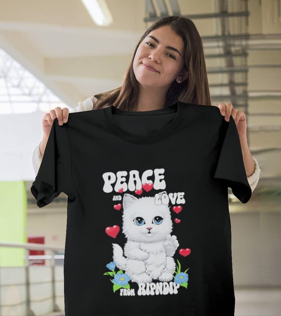 Peace And Love Ripndip Cat Kitten Hearts And Flowers T-Shirt