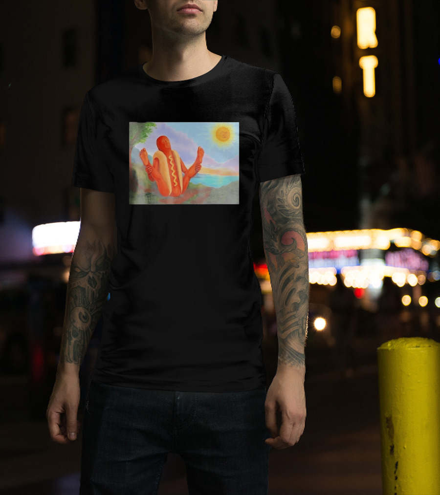 Surreal Hot Dog Doing Yoga At Sunrise With Smiling Sun T-Shirt