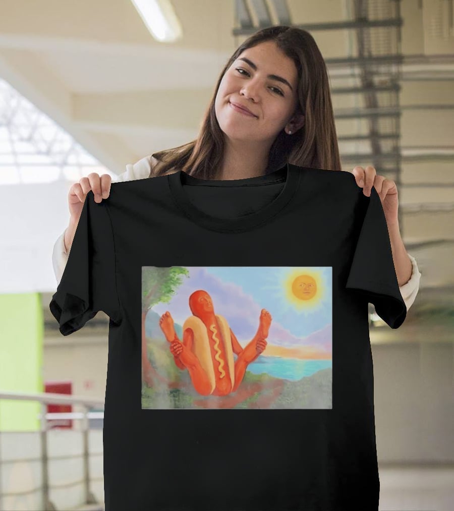 Surreal Hot Dog Doing Yoga At Sunrise With Smiling Sun T-Shirt