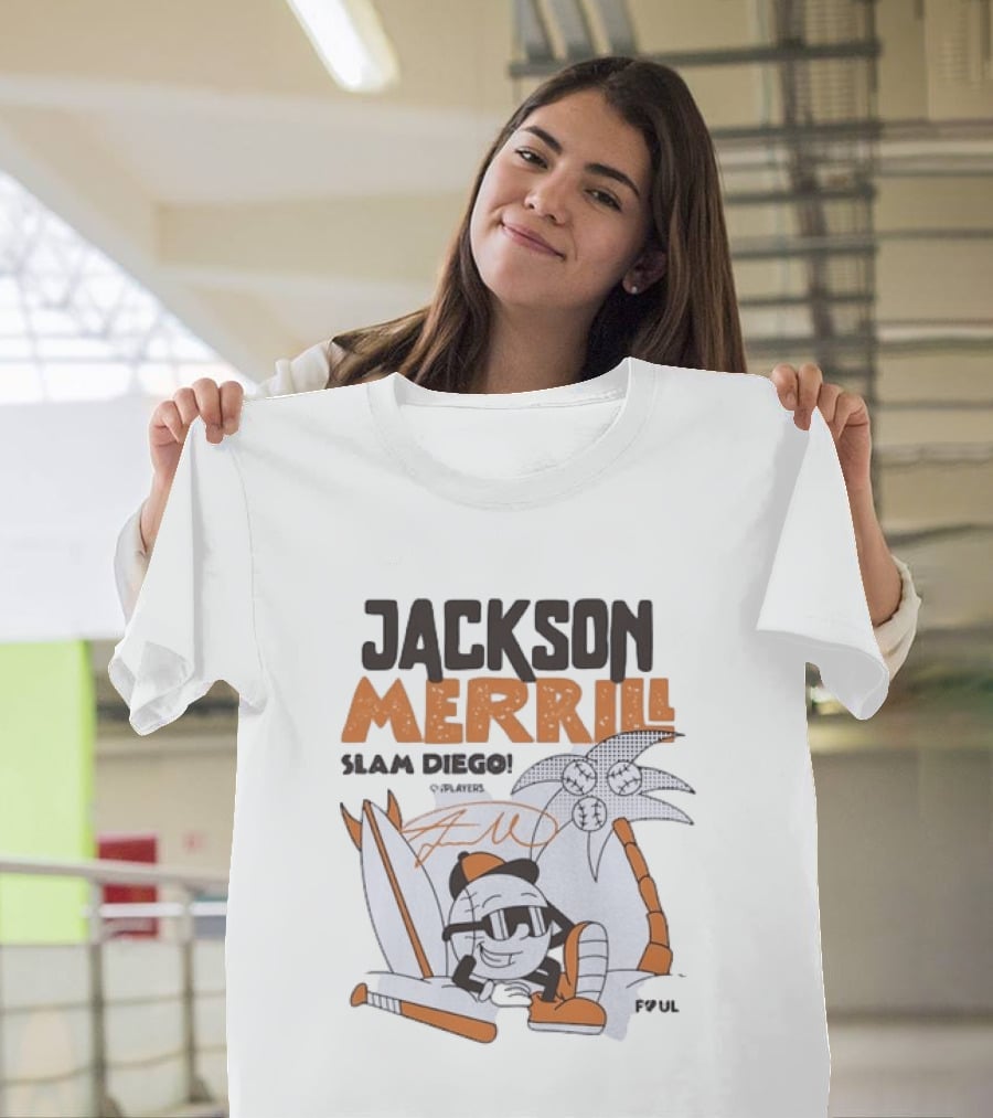 Jackson Merrill San Diego Padres Slam Diego Foul Territory Cartoon Baseball Palms T-Shirt