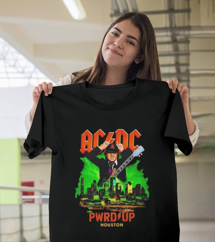 AC DC Angus Young Pwr Up Houston Hard Rock Skyline Electric Guitar T-Shirt