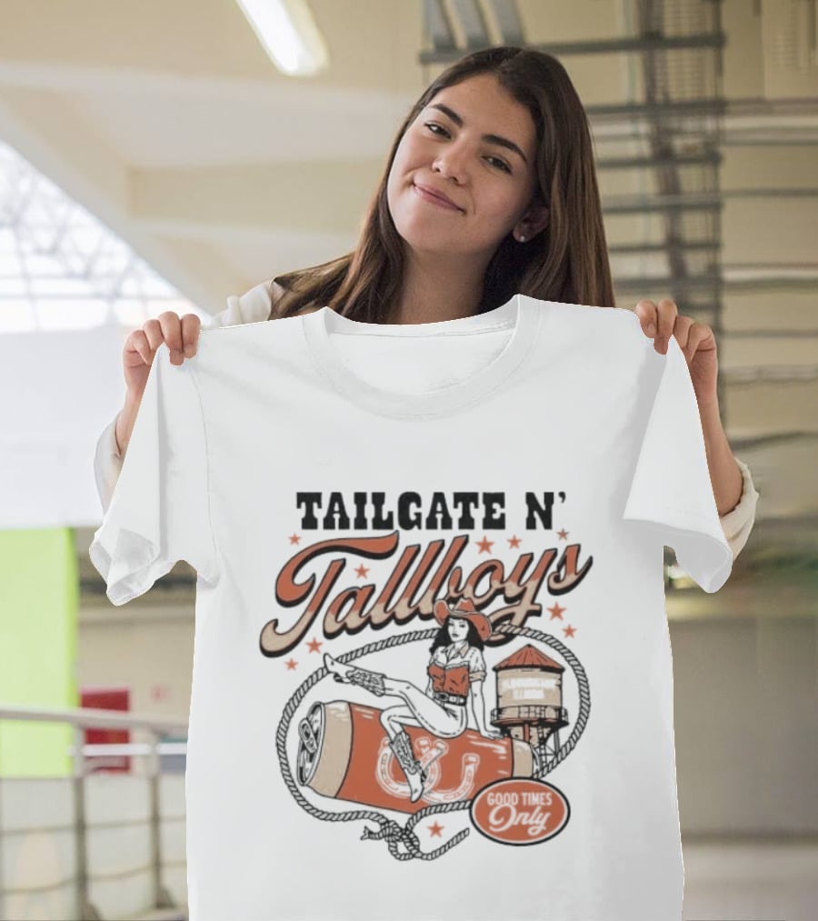 Tailgate N' Tallboys Bloomington Illinois Good Times Only Cowboy Boot And Water Tower T-Shirt