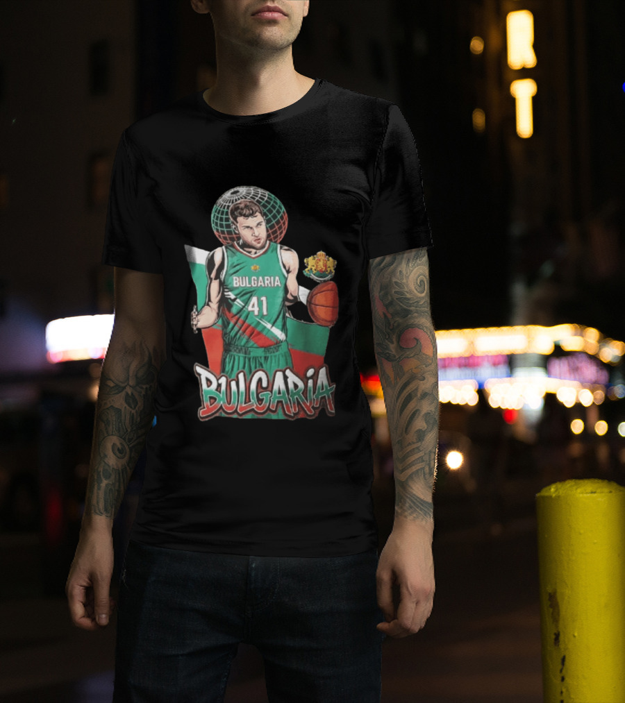 Bulgaria 41 Basketball Player Caricature Holding Ball Globe T-Shirt