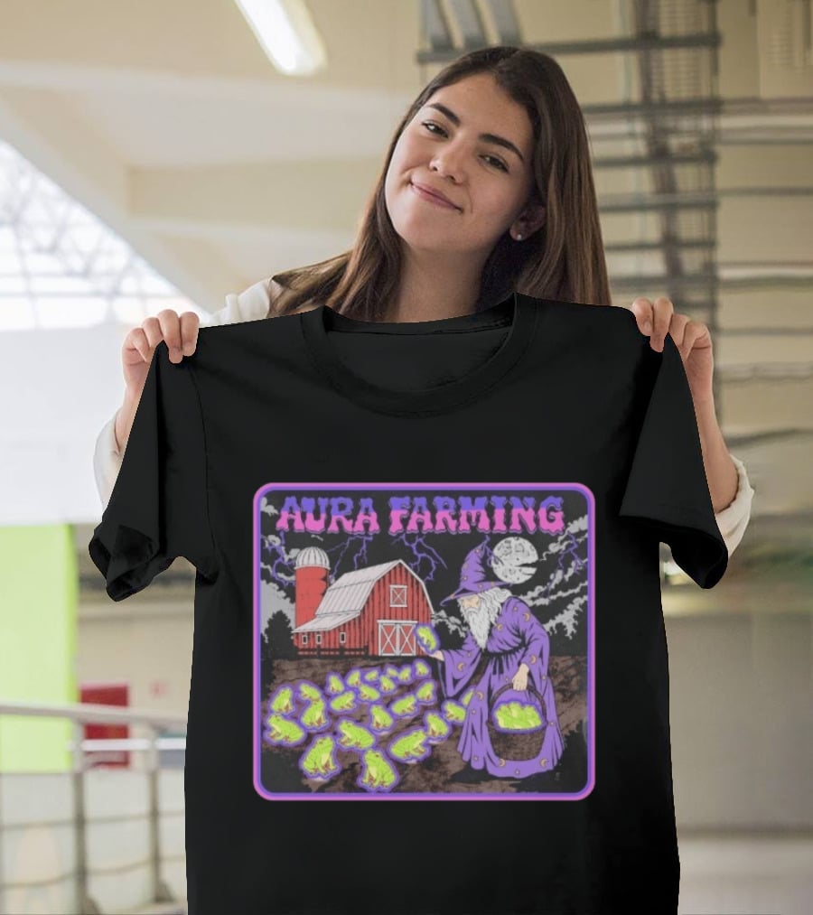 Aura Farming Moonlit Sorcerer Harvests Glowing Frogs Barn Wizard Magic T-Shirt