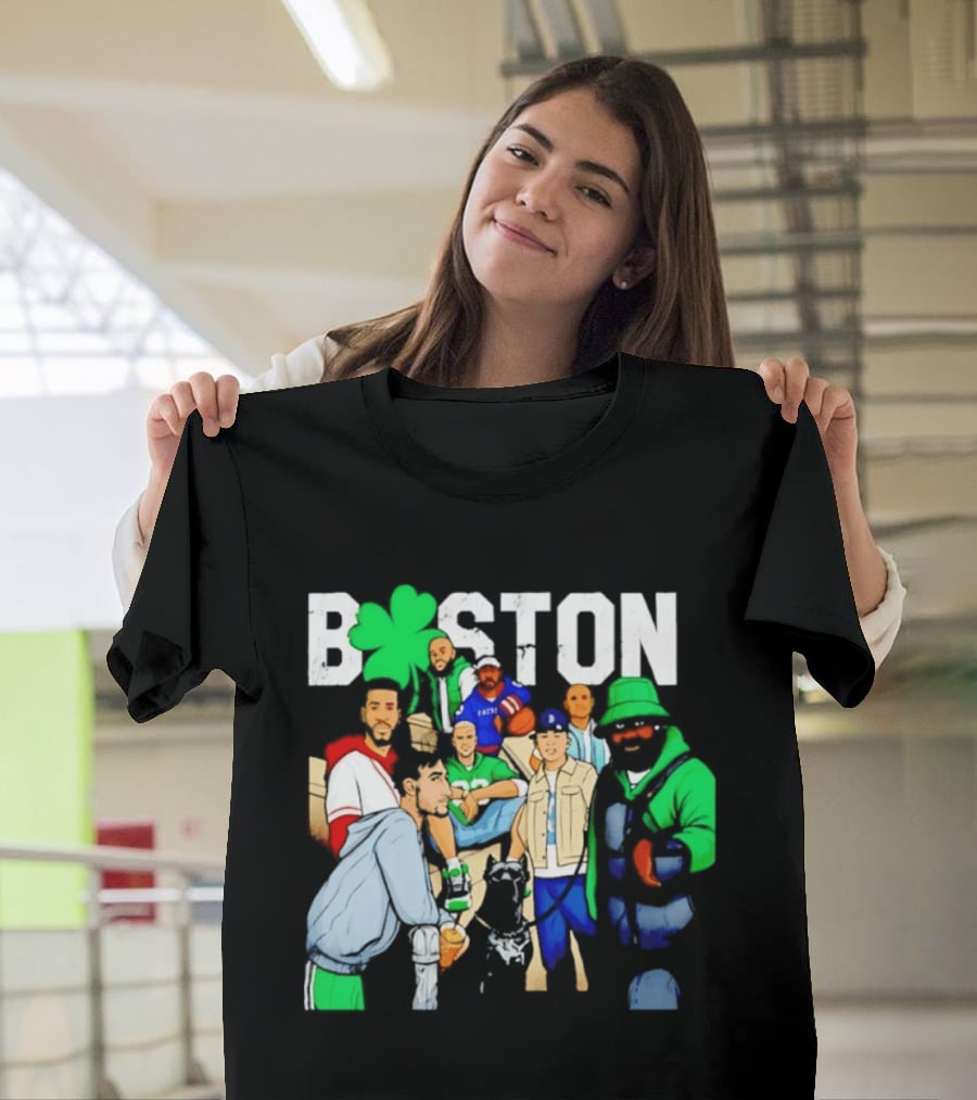 Boston Green Clover Sports Fan Characters Distressed Look T-Shirt