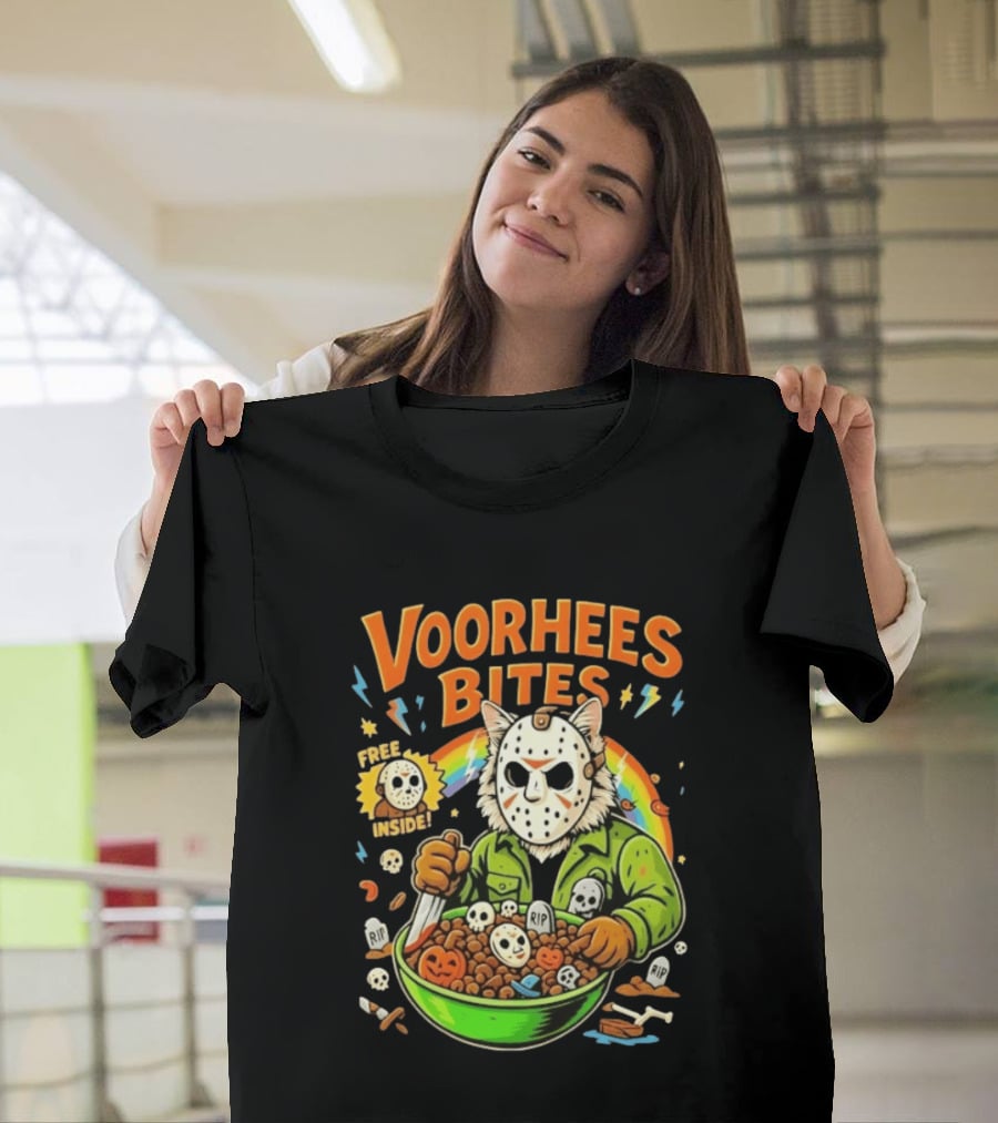 Voorhees Bites Jason Voorhees Cat Cereal Horror Mask Rainbow Feline Bowl Skeletons T-Shirt