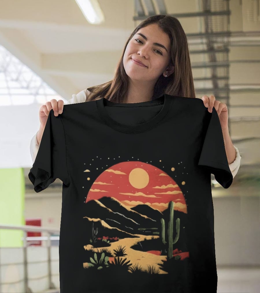 Sunset Sky Desert Saguaro Cactus Western Mountains Landscape Scene T-Shirt