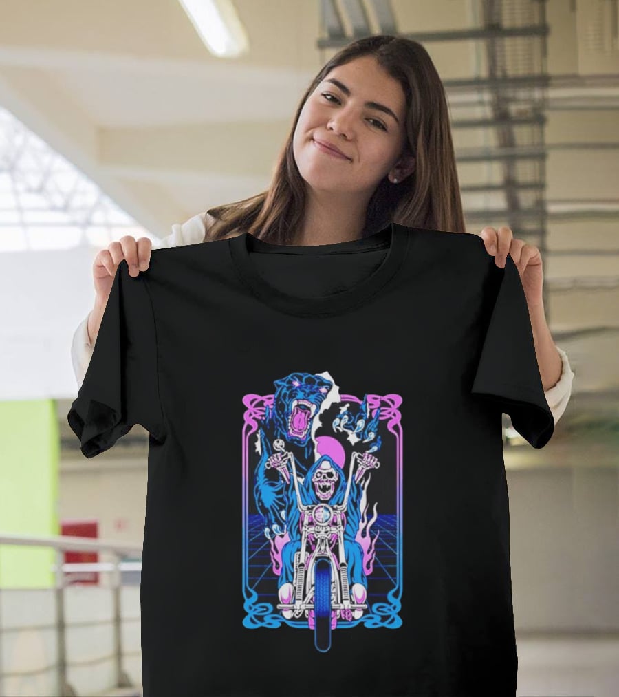 Grim Reaper Motorcycle Panther Retro Neon T-Shirt