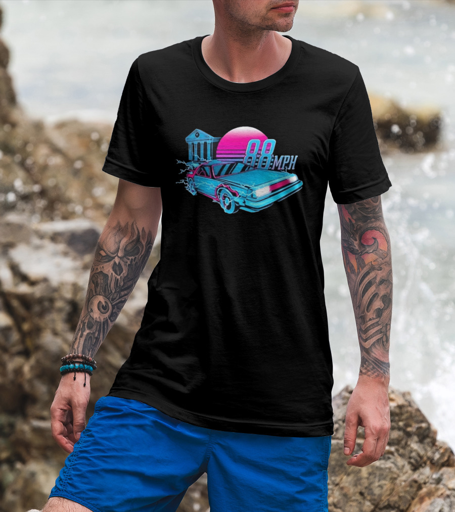 Back To The Future DeLorean 88 MPH Neon Style With Sunset And Tower T-Shirt