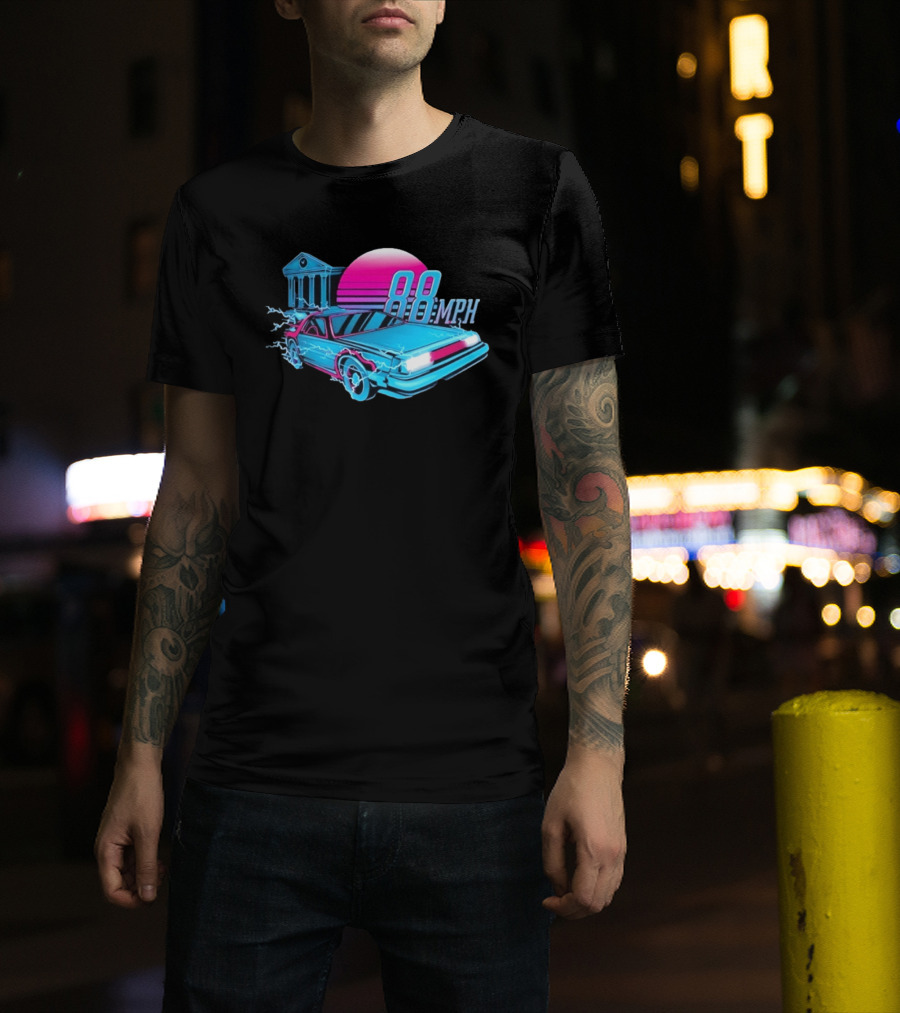 Back To The Future DeLorean 88 MPH Neon Style With Sunset And Tower T-Shirt
