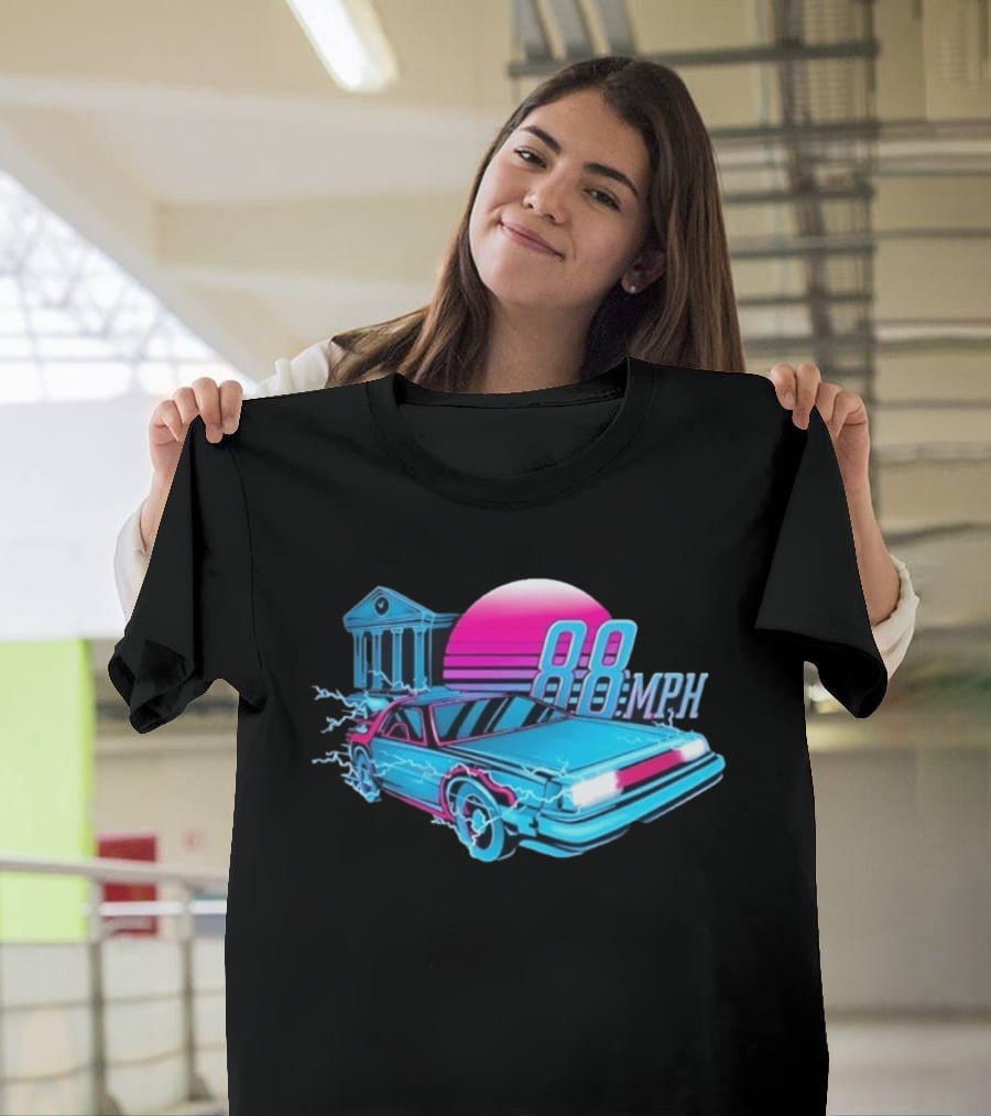 Back To The Future DeLorean 88 MPH Neon Style With Sunset And Tower T-Shirt