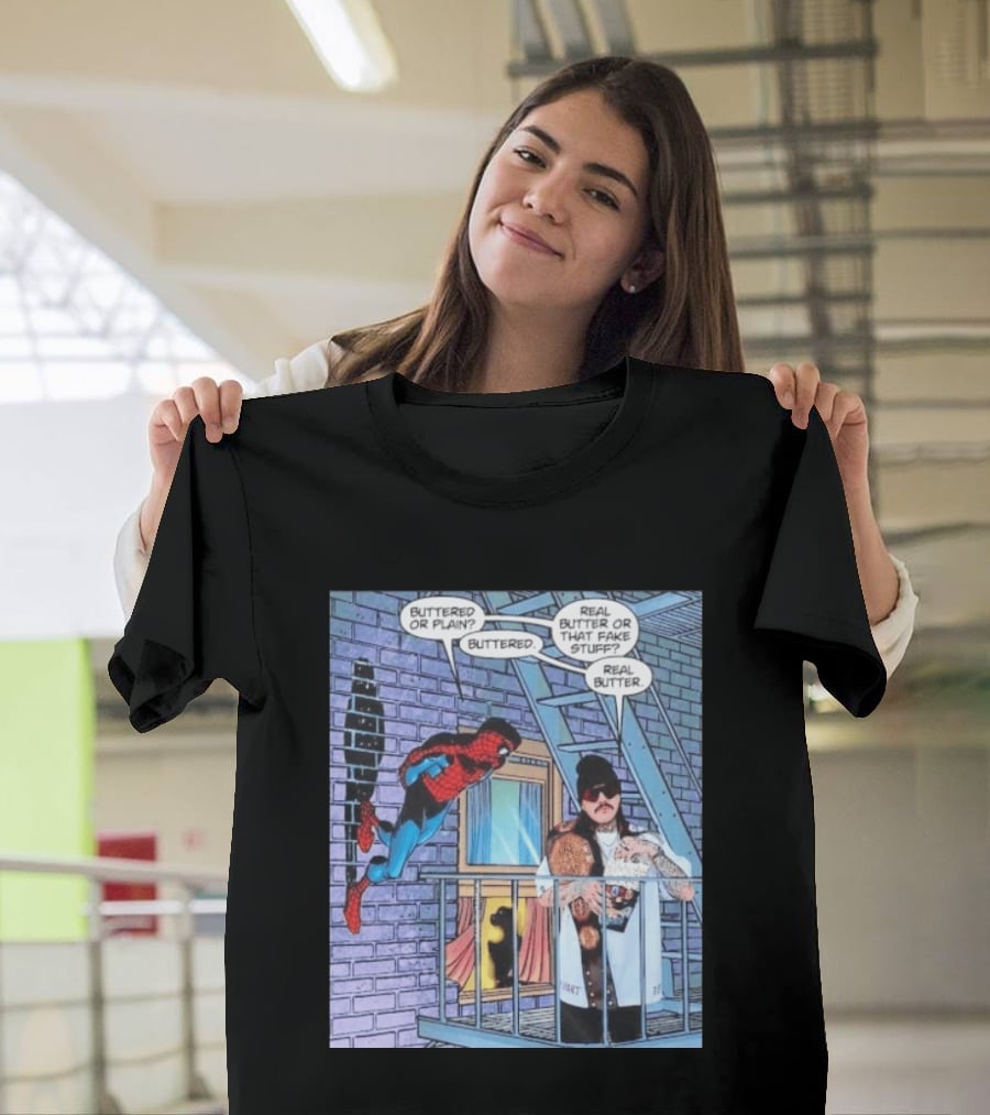Spider Man Bret Hart Real Buttered Popcorn Balcony Scene T-Shirt