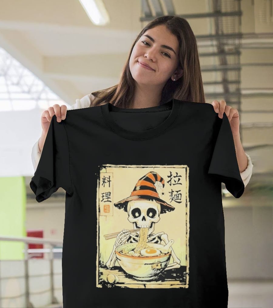Witch Skeleton Eating Ramen With Japanese Kanji Characters T-Shirt