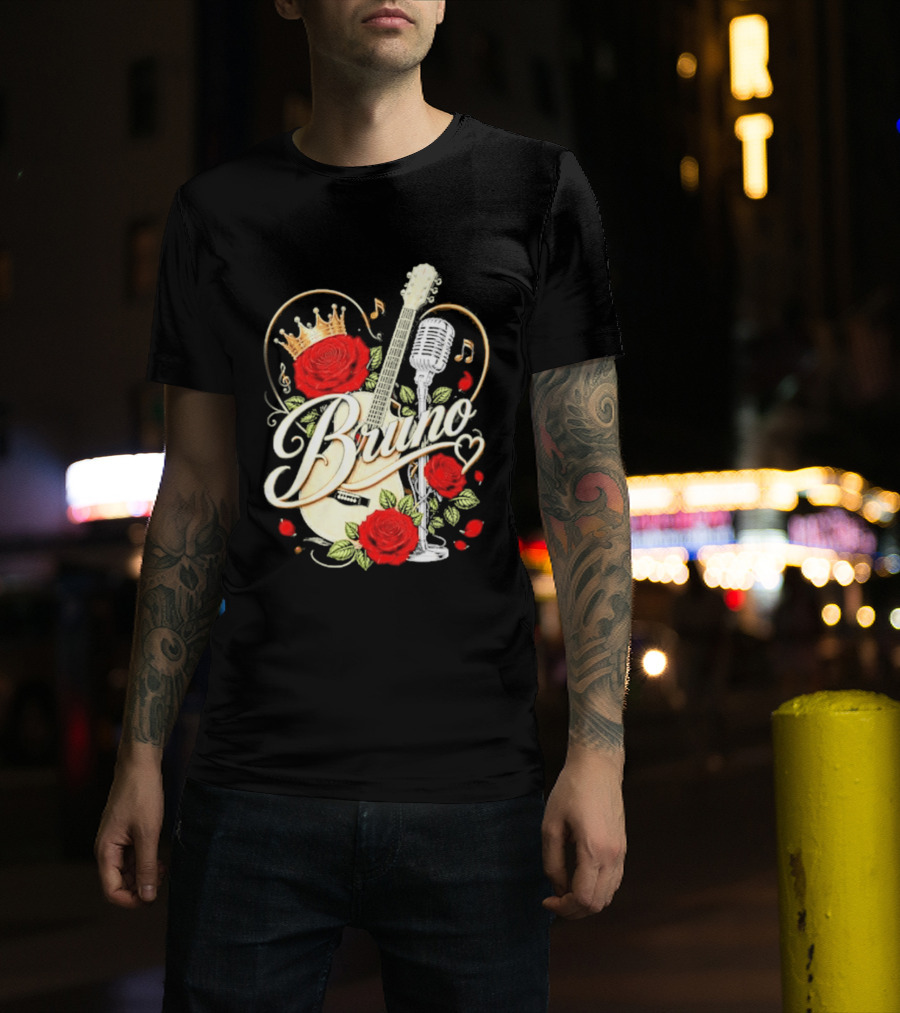 Bruno Rose Crown Guitar And Microphone With Music Notes T-Shirt
