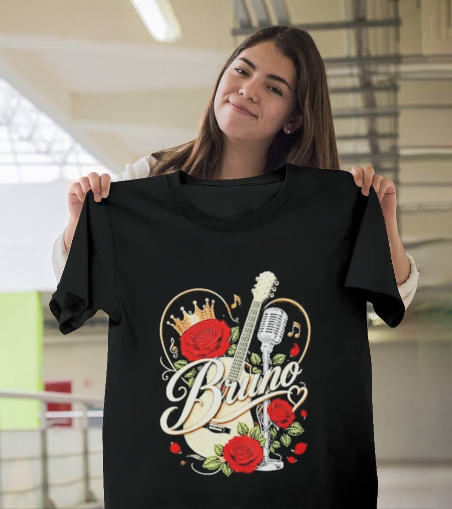 Bruno Rose Crown Guitar And Microphone With Music Notes T-Shirt
