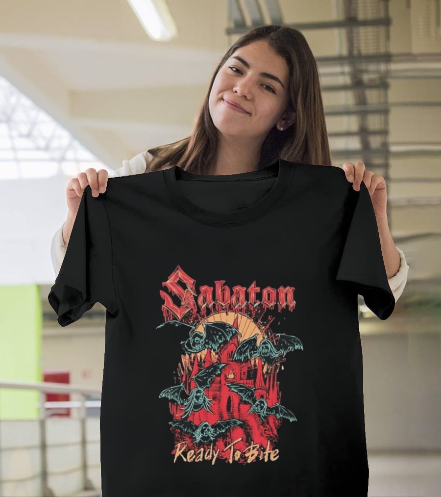 Sabaton Ready To Bite Heavy Metal Band Vampire Bats Castle T-Shirt