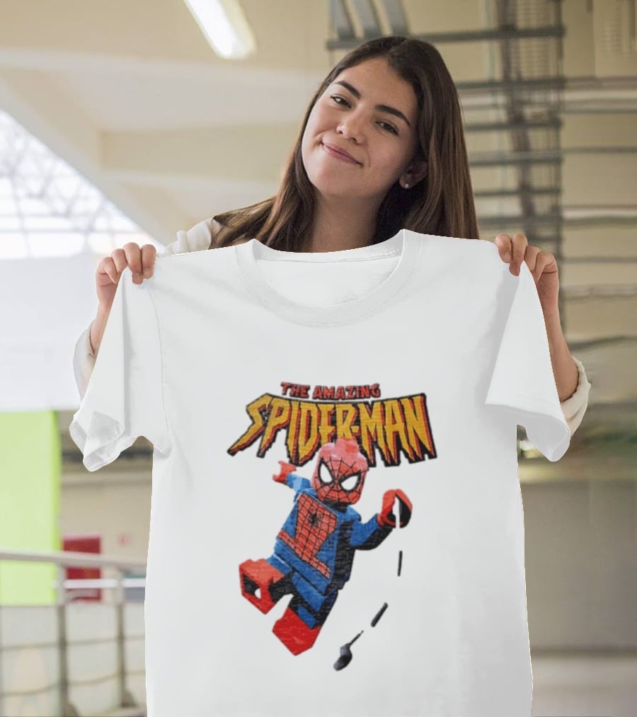 Spider Man The Amazing Lego Minifigure Swinging On Web Iconic Marvel Hero T-Shirt
