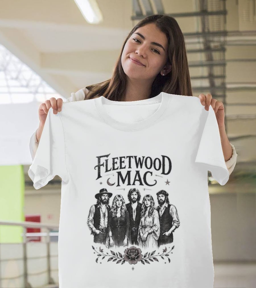 Fleetwood Mac Moonlit Harmony Silhouette With Crescent Moon And Floral Accents T-Shirt