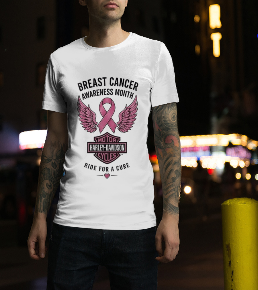 Breast Cancer Awareness Month Harley Davidson Motor Cycles Pink Ribbon Ride For A Cure T-Shirt