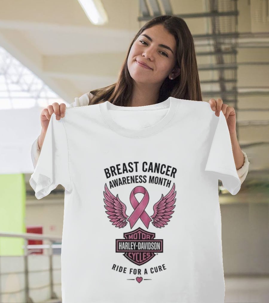 Breast Cancer Awareness Month Harley Davidson Motor Cycles Pink Ribbon Ride For A Cure T-Shirt