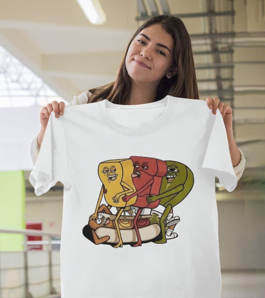 Hot Dog Topped With Mustard Ketchup And Relish Cartoon Characters T-Shirt