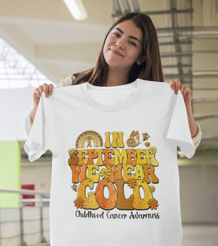 In September We Wear Gold Childhood Cancer Awareness Groovy Rainbow Butterfly Flower Motif T-Shirt