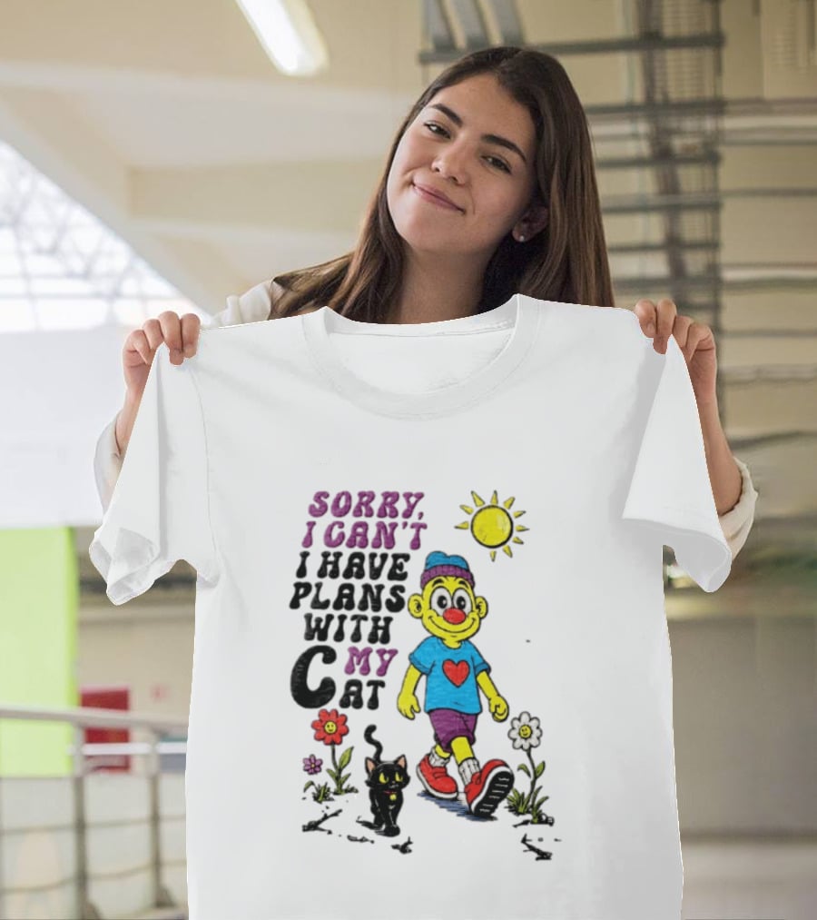 Sorry I Can't I Have Plans With My Cat Cartoon Yellow Figure Walking Sunflowers T-Shirt