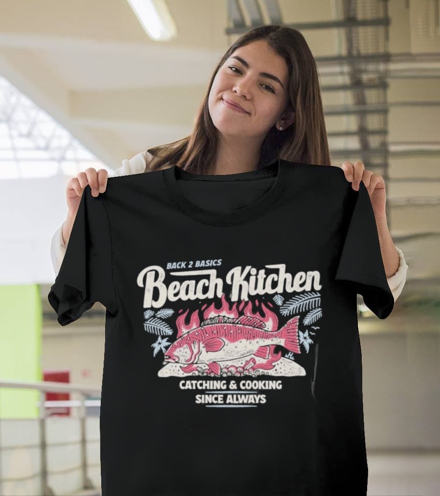 Back 2 Basics Beach Kitchen Catching Cooking Since Always Vintage Fish And Flames T-Shirt