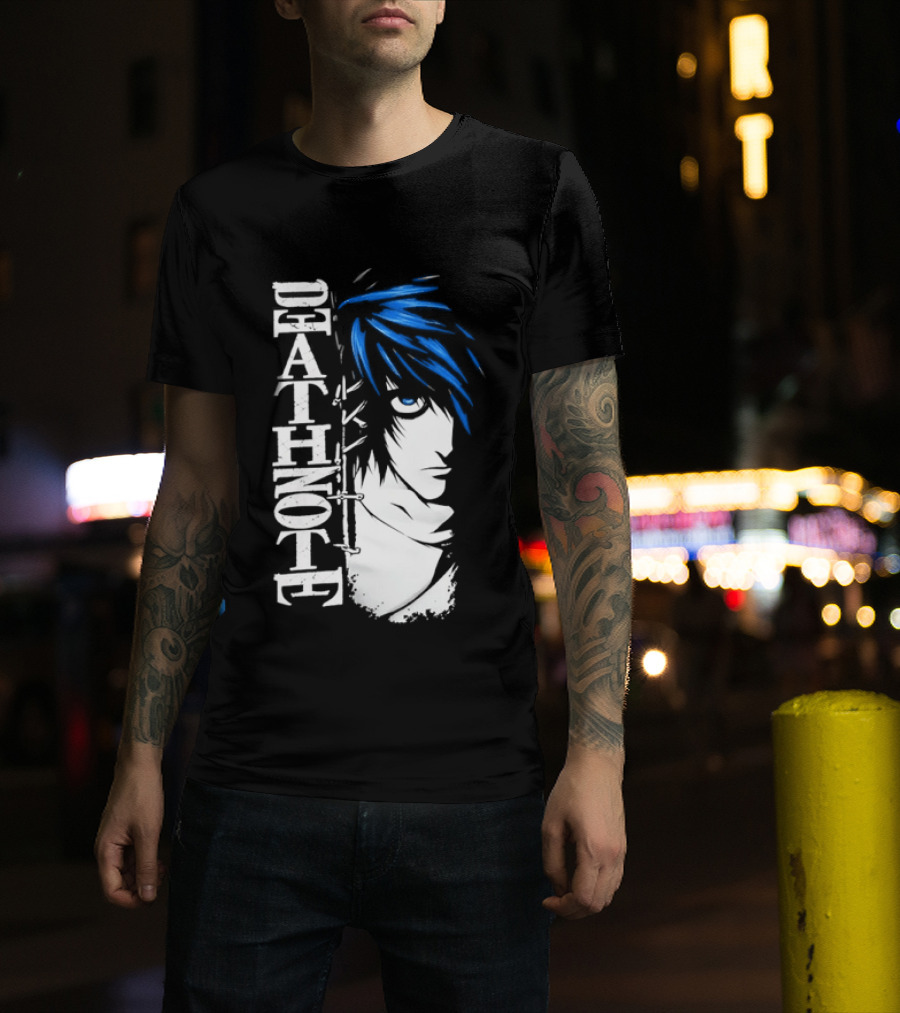L From Death Note Distressed Anime Blue Hair White T-Shirt