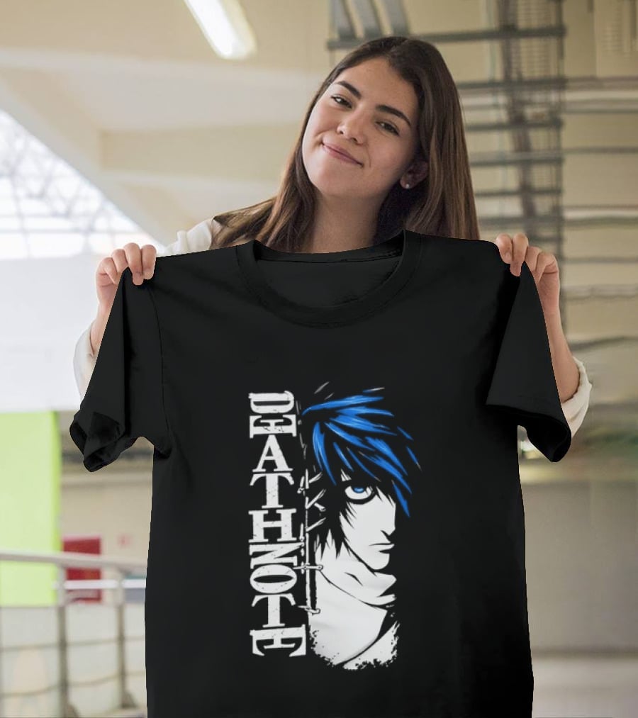 L From Death Note Distressed Anime Blue Hair White T-Shirt