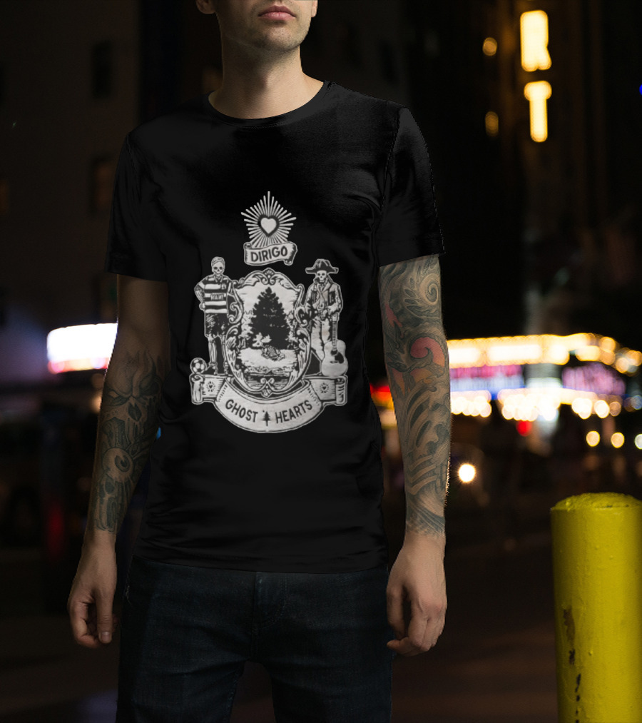 Dirigo Ghost Hearts Maine Crest With Skeleton Soccer And Guitar Players T-Shirt