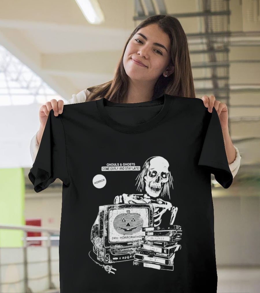 Ghouls And Ghosts 24hr Horrorathon Skeleton With TV And Pumpkin T-Shirt